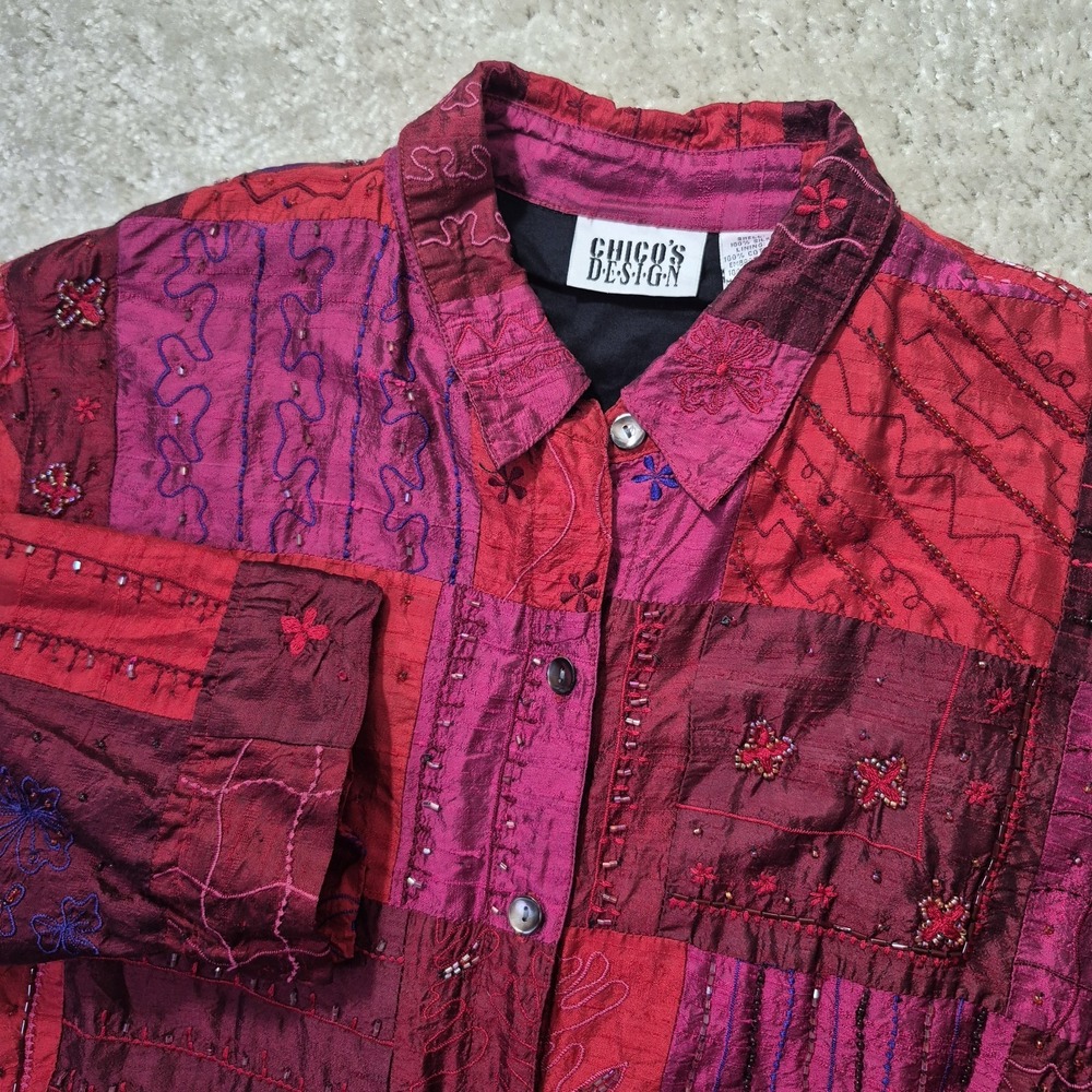Chicos Silk Top Womens 1 Medium Pink Red Patchwork Embroidered Beaded Artsy Mom